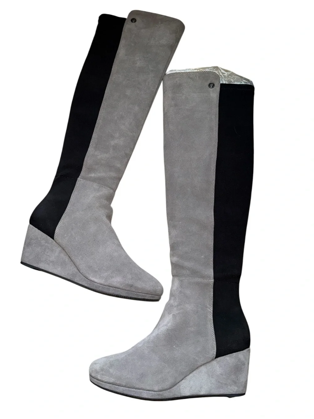 Vince Camuto Suede Gray and Black Over-the-Knee Wedge Boots